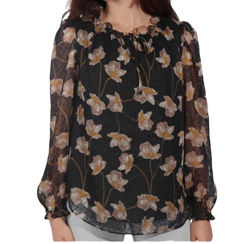 Bar III Black Floral Chiffon Long Sleeves Blouse